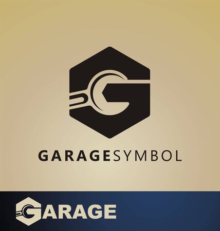 Car garage design logo. Overhaul service vector, sign, symbol or icon. Logo with tool for mechanical service. Car repair maintenance tool for the masters at home.のイラスト素材