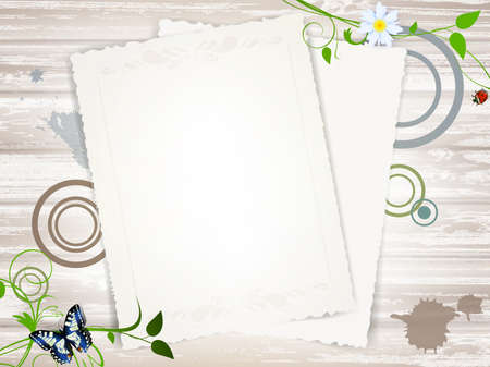 Vintage paper blank at wooden background over green leaves, copyspaceのイラスト素材