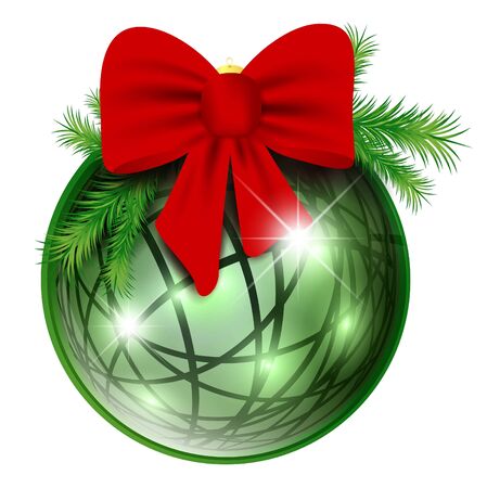 New year ball with red bow and pine branch over white backgroundのイラスト素材