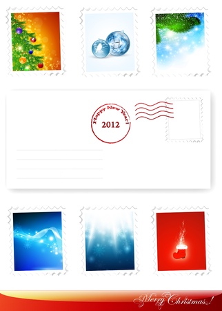 New Year and Christmas poststamps collection with some decorative elements envelopeのイラスト素材