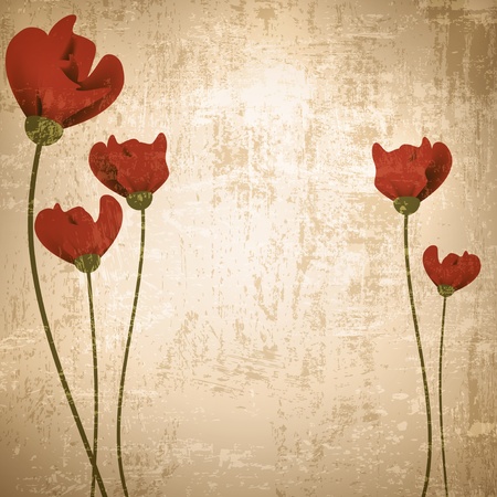 Vintage grunge floral background with red poppiesのイラスト素材