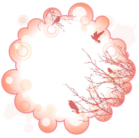 decorative abstract frame with silhouette of trees and birds, copyspaceのイラスト素材