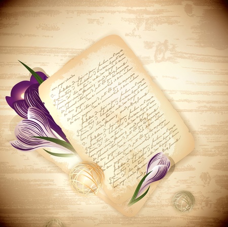 old letter with crocus flowers at wooden backgroundのイラスト素材