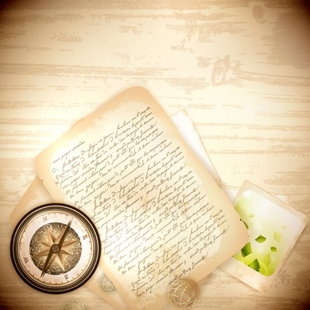  Vintage antique compass with old photo and letter  over wooden backgroundのイラスト素材