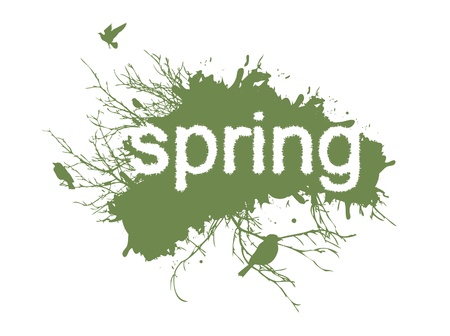 Abstract Birds and Trees Design With Word Spring (Font Created by Myself) のイラスト素材