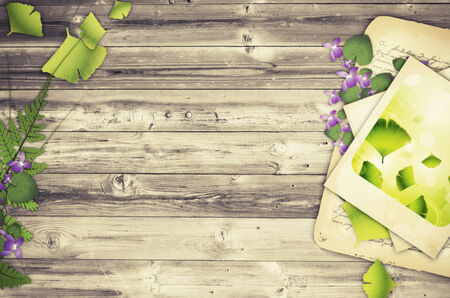 Illustration of Nature Wooden Background With Flower and Old Papersの写真素材