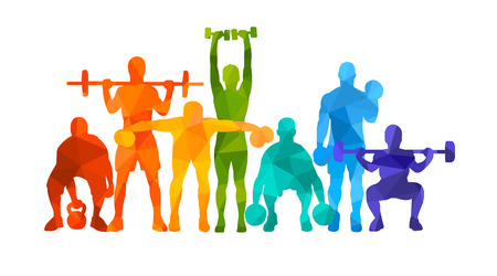 Detailed vector illustration silhouettes strong rolling people set girl and man sport fitness gym body-building workout powerlifting health training dumbbells barbell. Healthy lifestyle. Crossfitのイラスト素材