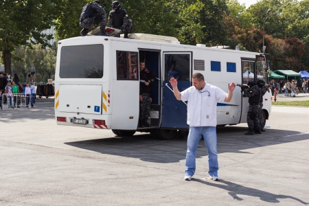 BUCHAREST, ROMANIA - SEPTEMBER 2013, prison police forces action  tactic procedure for the situation when a prisoner takes hostageのeditorial素材