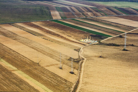 Colored cultivation sections on a field seen from up aboveの写真素材