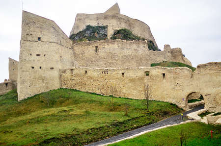 View of a Rupea feudal castle placed on a hill in Brasov county, Romaniaのeditorial素材