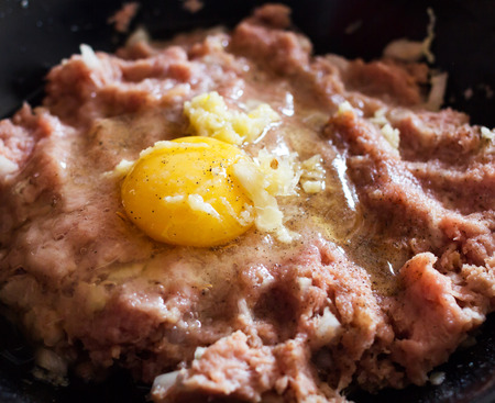 Raw meat and yolk with spicesの写真素材