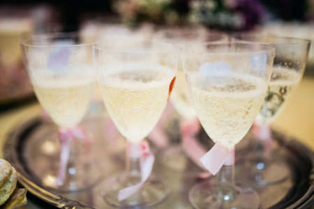 Glasses filled with cold sparkling champagne for wedding receptionの写真素材