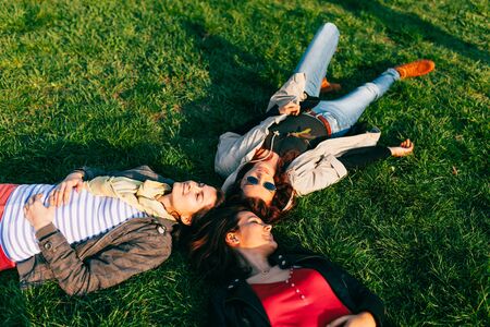 Cute girls resting and relaxing on grass, in the park, head to headの写真素材