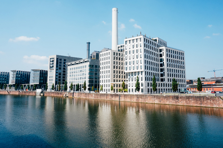 The river Main at Frankfurt, Germany, with buildings near itの写真素材