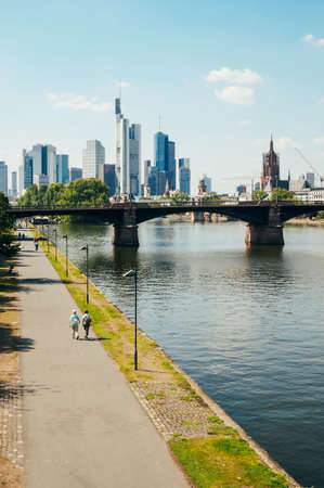 Frankfurt, Germany - August 22,2015 : View of river Main with skyscrapers in the background in Frankfurt, Germanyのeditorial素材