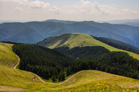 Beautiful view of mountains and forests in a sunny dayの写真素材