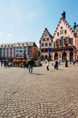 Frankfurt ,Germany - August 22, 2015:  View of Roemerberg square and medieval buildings