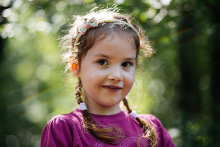 Portrait of a beautiful little girl with braided hair looking and smiling to the cameraの写真素材