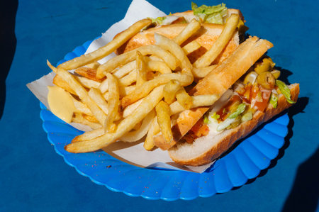 Close-up photo of a plate full of french fries and two sandwiches.