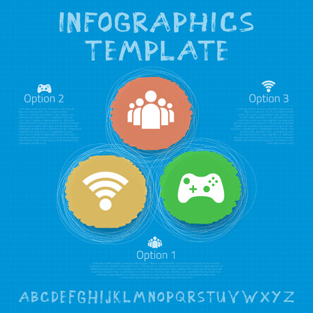 Illustration of Social Network Vector Infographic Template. Color Hand Drawn Circles on a Blueprint Background with Vector Iconsのイラスト素材