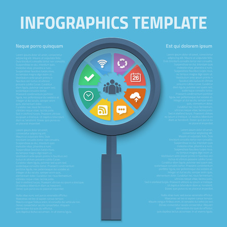 Illustration of Magnifier Zoom Tool with Vector Icons Inside which can be used as Infographic Templateのイラスト素材