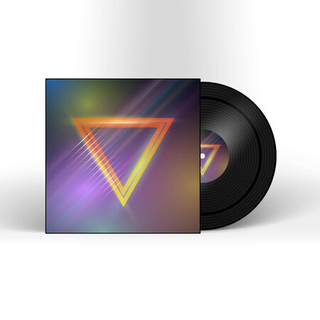 Illustration of Retro Vinyl Record 1980s Style Cover with Neon Lights and Abstract Triangles. Music Album Cover Templateのイラスト素材