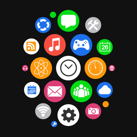 Illustration of Modern Smartwatch Style Background with Icons in Colored Circles. Icons for your App, Presentation, Web Designのイラスト素材
