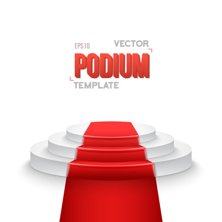 Illustration of Photorealistic Winner Podium Stage with Stage Lights and Red Carpet Isolated on White Background. Used for Product Placement, Presentations, Contestsのイラスト素材