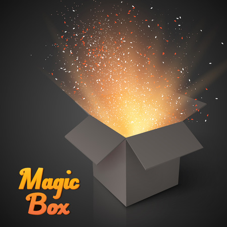 Illustration of Grey Magic Box with Confetti and Magic Light. Realistic Magic Open Box. Magic Gift Box with Magic Light Comming from Insideのイラスト素材
