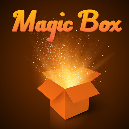 Illustration of Magic Box with Confetti and Magic Light. Realistic Magic Open Box. Magic Gift Box with Magic Light Comming from Insideのイラスト素材