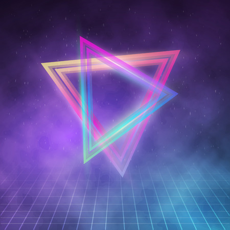 Illustration of Retro Party 1980 Neon Poster. Retro Disco 80s Background with Triangles, Flares, Particklesのイラスト素材