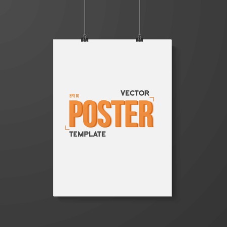 Illustration of Poster Mockup. Realistic White Paper Poster on Wire with Metal Clips on the Dark Wallのイラスト素材