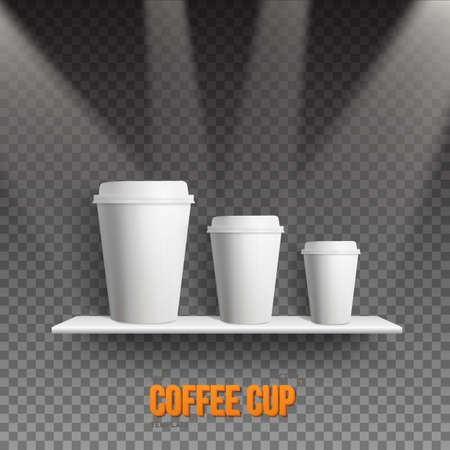 Illustration of Realistic Coffee Cup Takeout Template Set. White Paper Coffee Cup Mockup Set on Shelf Under Transtarent Light Effectsのイラスト素材