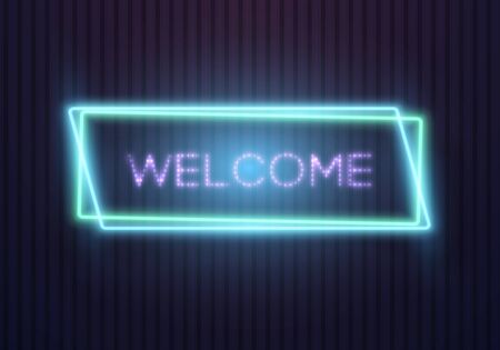 Illustration of Retro Glowing Neon Welcome Sign. Realistic Neon Frame. Welcome Neon Signのイラスト素材