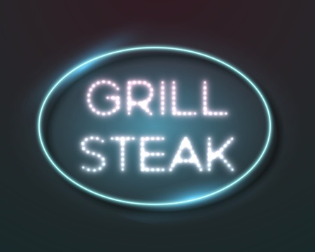Illustration of Realistic Neon Sign Icon. Vintage Glowing Neon Frame. Grill Steak Bar Neon Signの写真素材