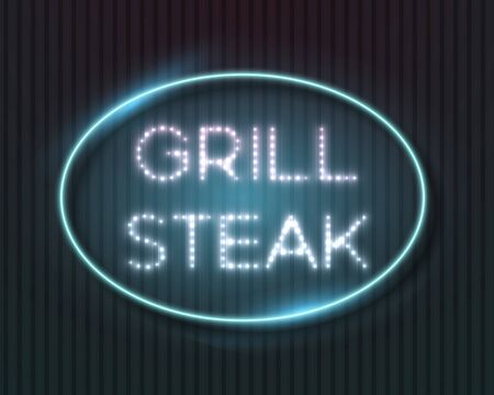 Illustration of Neon Sign Icon. Grill Steak Bar Neon Frame. Vintage Glowing Neon Signのイラスト素材