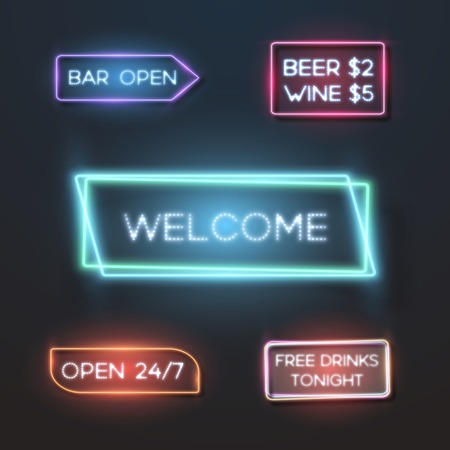 Illustration of Big Set of Neon Sign Plates. Realistic Neon Quote Frame Templateのイラスト素材
