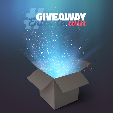 Illustration of Box Giveaway Competition Template. Open Box with Confetti and Magic Light Enter to Win Prize Conceptのイラスト素材
