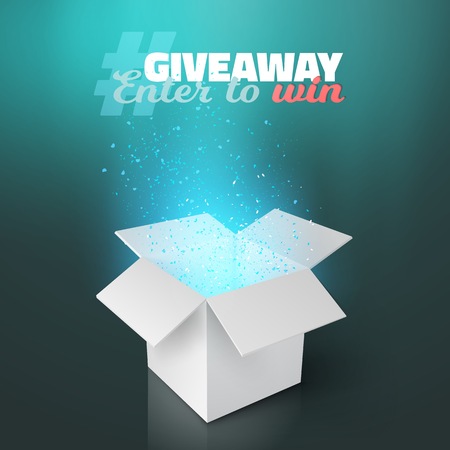 Illustration of Vector White Box Giveaway Competition Template. Open Box with Confetti and Magic Light Enter to Win Prize Conceptのイラスト素材