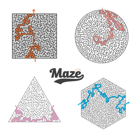 Illustration of Vector Maze Set Isolated. Labyrinth Game Puzzle with Solution Conceptのイラスト素材