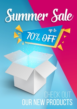 Illustration of Summer Sale Banner Template. Open Box with Magic Light on Modern Flat Backgroundのイラスト素材