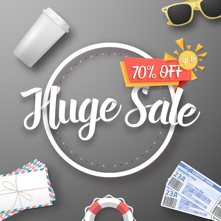 Illustration of Huge Sale  Poster. Bright Sale Flyer Template with Travel Iconsのイラスト素材
