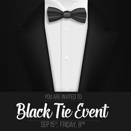 Illustration of Realistic Black Suit. Black Tie Event Invitation Template.Mens Suit with Bow Tieのイラスト素材