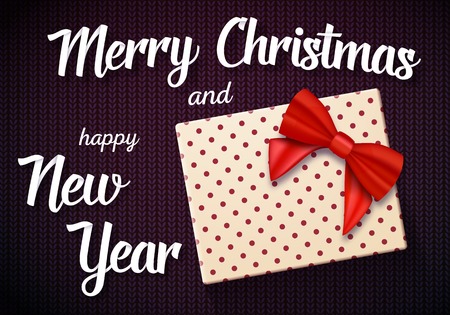 Illustration of Marry Christmas Greeting Card with 3D Realistic Gift Box and Red Ribbonのイラスト素材