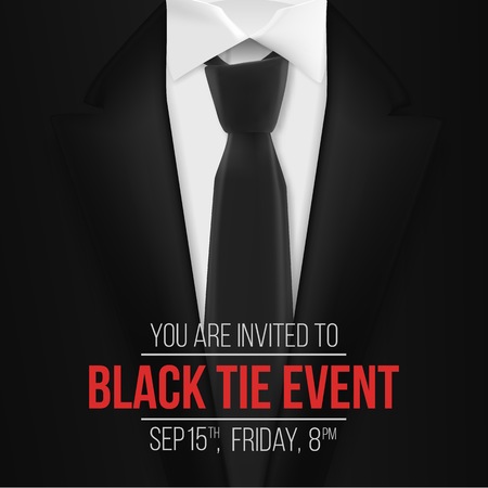 Illustration of Black Suit. Black Tie Event Invitation Template. Realistic Vector 3D Mens Suit with Neck Tieのイラスト素材