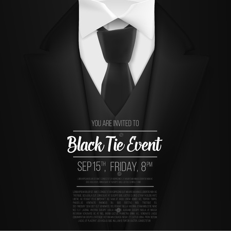Illustration of Black Suit. Black Tie Event Invitation Template. Realistic Vector 3D Mens Suit with Neck Tieのイラスト素材
