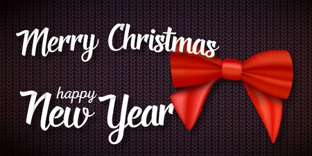 Illustration of Vector Merry Christmas Greeting Card. Realistic Red Ribbon with Merry Christmas and Happy New Year Paper Letteringのイラスト素材