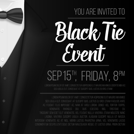 Illustration of Realistic Vector Black Suit. Black Tie Event Invitation Template. Vector Mens Suit with Bow Tieのイラスト素材