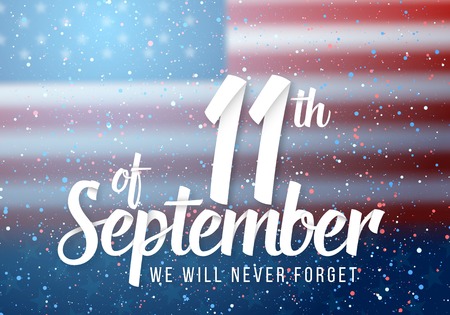 Illustration of Patriot Day Poster. Paper Lettering September 11th on Realistic American Flag Background with Confettiのイラスト素材