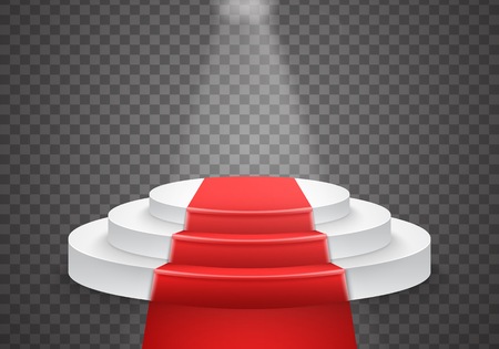Illustration of Podium Template. 3D Realistic Winner Podium with Red Carpet and Bright Lightのイラスト素材